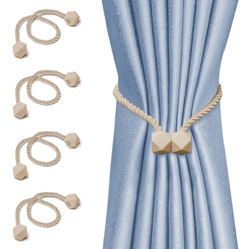 4Pack-Magnetic Curtain Tie Backs - Reinforced Thick Twist Rope with Strong Neodymium Magnets - Decorative Handmade Drapery Holders for Windows