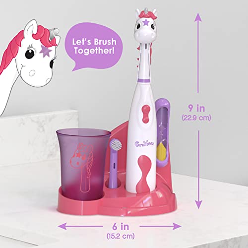 Brusheez Kids’ Electric Toothbrush Set - Safe & Effective for Ages 3+ - Parent Tested & Approved with Gentle Bristles, 2 Brush Heads, Rinse Cup, 2-Minute Timer, & Storage Base (Sparkle the Unicorn)