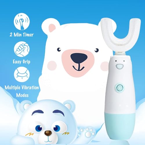 Meqtpomy Kids Electric Toothbrush，Toddler Toothbrush Waterproof Battery Powered 360 Automatic Sonic u Shaped Toothbrushes for 2-7 Years Old for Boys Girls，with 2 Replacement Brush Heads（Blue）