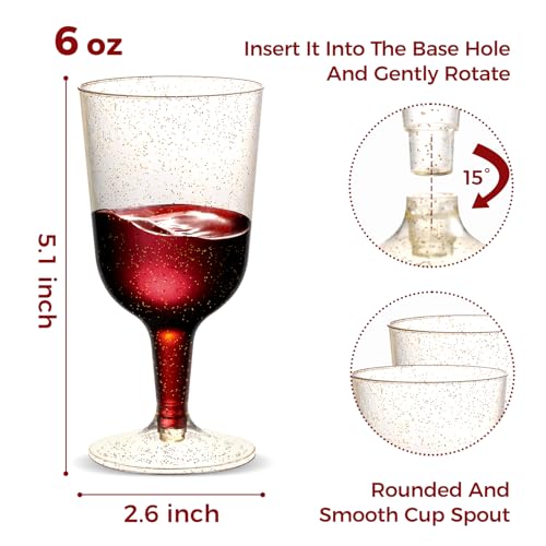 TENYASEN 30 Pack 6oz Plastic Wine Glasses – Disposable Gold Glitter Mini Stemware with Removable Base for Weddings, Parties, Champagne, Toasting