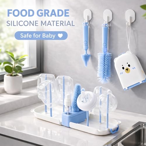 Travel Bottle Cleaner kit, 7in1 Baby Travel Gear Silicone Travel Bottle Brush Set Nipple Drying Rack, Straw Breast Pump Cleaning Soap Dispenser Organizer Case Mon Gift (Blue)