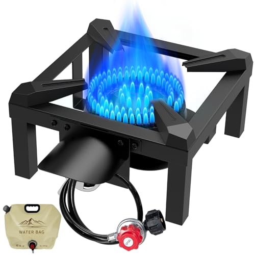 BESTFIRE Propane Burner, 100,000 BTUs High Pressure Single Propane Stove - Heat Shield and Guard, 4.1ft Adjustable Hose with Regulator, Gas Stove for Outdoor Cooking, Turkey Fry, Seafood Boil