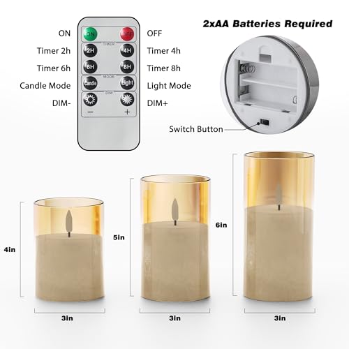 Battery Operated Flameless Candles with Remote & Timer, Gold Glass 3Pack