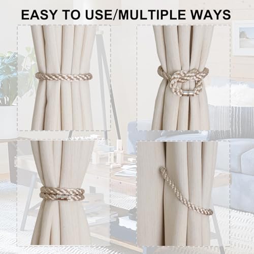 Magnetic Curtain Tiebacks, 4pcs Modern Handmade Rope Curtain Tie Backs Decorative Curtain Holdbacks Holders Cord for Window Sheer Drapes Indoor Outdoor, Beige