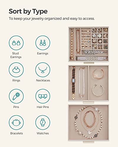 SONGMICS GISELLA Collection - Jewelry Box Organizer, 3-Layer Jewelry Storage with 2 Drawers, Shiny Metal Hardware, Glass Lid, Modern, 8 x 9.1 x 5.3 Inches, Cloud White and Gold Color UJBC239WT