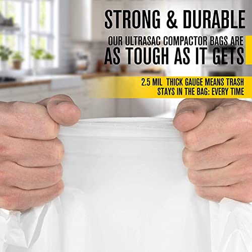 Ultrasac Trash Compactor Bags - (40 Pack with Ties) 18 Gallon for 15 inch Compactors - 25" x 35" Heavy Duty 2.5 MIL Garbage Disposal Bags Compatible with Kitchenaid Kenmore Whirlpool GE Gladiator
