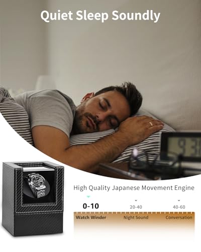 Watch Winder for Automatic Watches: Automatic Single Watch Winder Box with Japanese Quiet Motor, Rotating Watch Case in Black Carbon Fiber Leather, Gifts for Men & Collectors