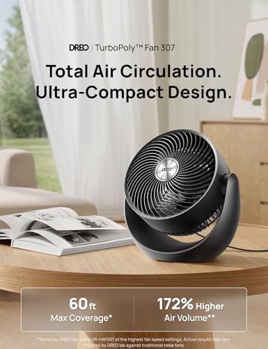 DREO Fan for Bedroom, Table Air Circulator for Whole Room, 11 Inch, 60ft Strong Airflow, 120° adjustable tilt, 20db Low Noise, Quiet, 3 Speeds, Desk Fan for Home,Office, Kitchen