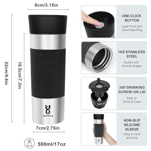 Travel Coffee Mug with 360°Lid, Travel Coffee Tumbler 16 oz Leak Proof, Stainless Steel Insulated Travel Mugs for Hot and Cold Spill Proof Leak Proof(Black)