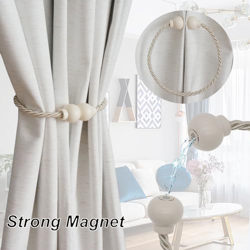 4 Pack Magnetic Curtain Tiebacks Modern Handmade Rope Curtain Tie Backs Decorative Drapes Weave Holdbacks for Home Outdoor Bedroom Office Decorative Curtain, Beige