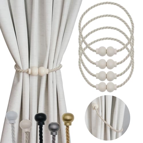 4 Pack Magnetic Curtain Tiebacks Modern Handmade Rope Curtain Tie Backs Decorative Drapes Weave Holdbacks for Home Outdoor Bedroom Office Decorative Curtain, Beige