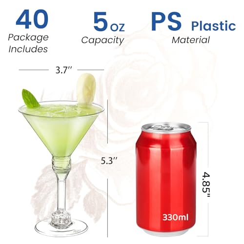 CALBODE 40 Pack Plastic Martini Glasses 5 Oz Disposable Cocktail Glasses, Tall Mini Martini Cups, Plastic Margarita Glasses Perfect for Spring Party Birthday Wedding Easter and All Events