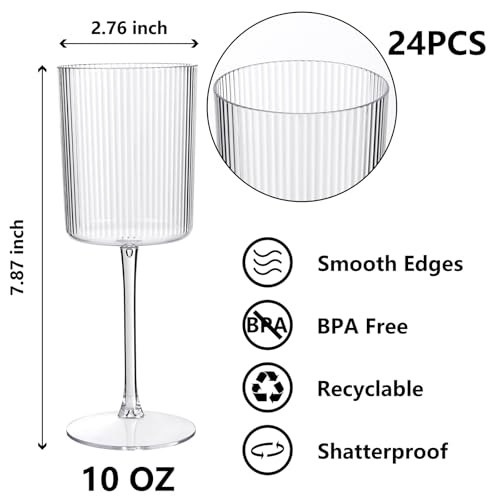 YOUBET 24 Pack Plastic Ribbed Wine Glasses - 10 OZ Clear Square Wine Glasses with Stem - Heavy Duty Vintage Disposable Champagne Cups for Wedding Parties