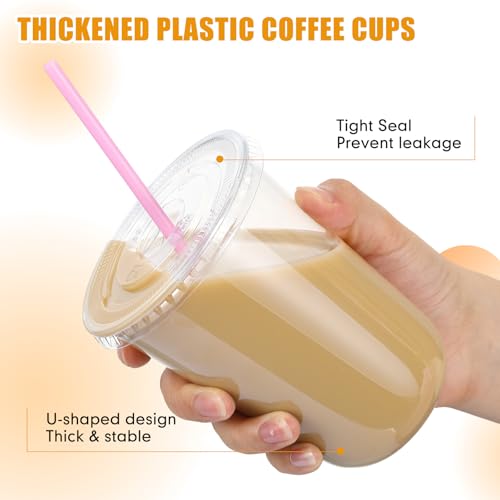 Ziliny 50 Pack 16 oz Clear Plastic Cups with Lids and Straws Disposable Iced Coffee Cups Round Bottom To carry Cup for Coffee Smoothie Cold Drinks Juice Milkshake Tea (Pink)