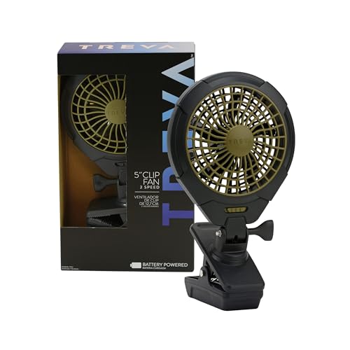Treva 5 Inch Battery Powered Clip Slim and Portable Cooling Fan with Clamp for Travel, Outdoor,Camping, Car, Office Desk, Baby Stroller - Multi-Directional Rotating and Adjustable Head, Khaki (FC05005)