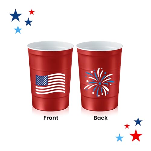 Steel Chill Cups 16 oz. Party Cups Flag Design for Cold Drinks, Sturdy and Durable, Disposable, Recyclable, Made in USA, Patriotic, Red, 12 Count