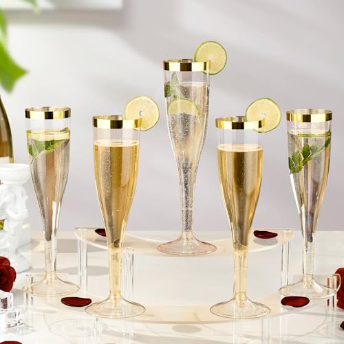 Goodluck 36 Pack 6.5 oz Plastic Gold Glitter Champagne Flutes with Gold Rim, Disposable Champagne Toasting Glasses for Wedding, Engagement, Party, Mimosa Bar