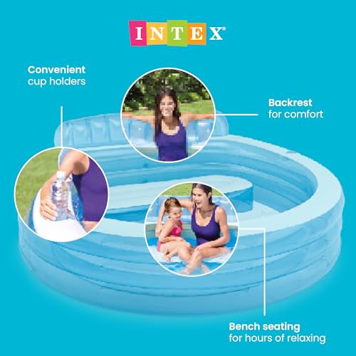INTEX Swim Center Inflatable Family Lounge Pool: Built-In Bench – Cup Holder – 156 Gallon Capacity – 90" x 86" x 31" – Blue
