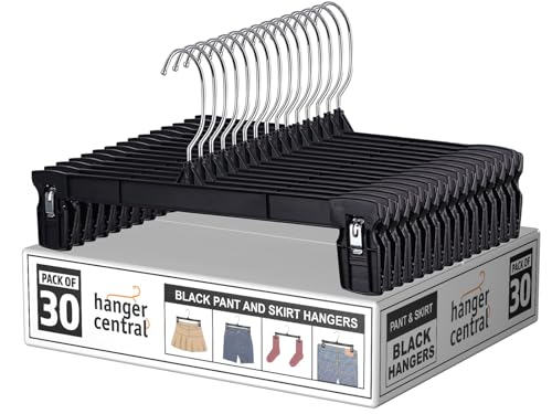 Hanger Central 30 Pack Pants Hangers – 12 Inch Slim Plastic Clothes Hangers with Clips for Skirts, Shorts & Trousers – Non Slip Grip, Heavy Duty Space Saver with Swivel Hook – Black Closet Organizer
