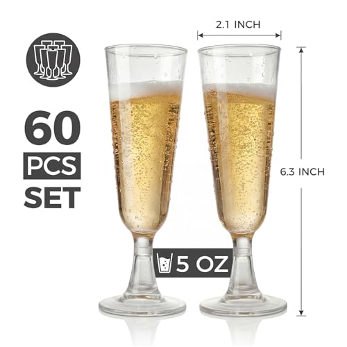 Disposable Plastic Champagne Flutes | 60 Count 5oz Clear Plastic Champagne Glasses | Bulk Wedding Pool Outdoor Party Supplies for Mimosas Toasting Celebrations
