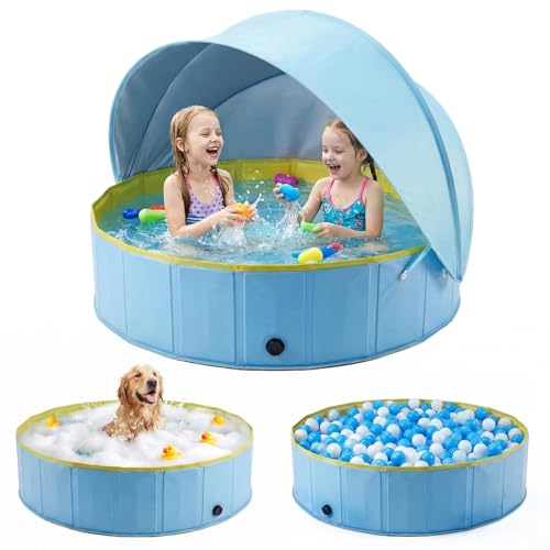 Kiddie Pool with Canopy, Large Foldable Pool with Detachable UPF 50+ Sunshade, 48in Pool Beach Essentials Tent Swimming Pool Dog Pool with Shade, Portable for Outdoor Backyard Beach