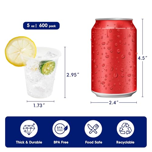 JOLLY CHEF 𝟔𝟎𝟎 𝐏𝐚𝐜𝐤 5 oz Clear Plastic Cups,5 Ounce Disposable Cups for Picnic, BBQ, Travel, Halloween, Christmas Parties and Events
