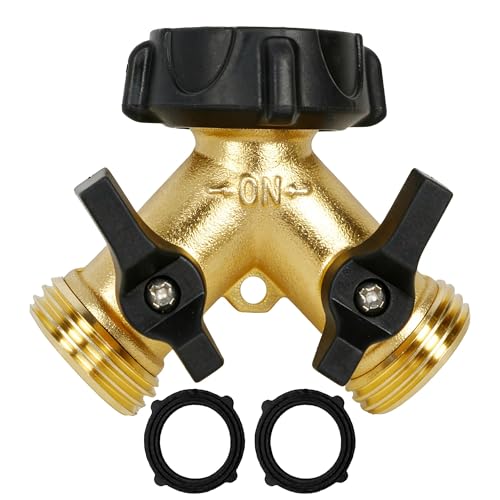 Hourleey Brass Garden Hose Splitter 2 Way, 3/4 Inch Hose Connector Tap Splitter, Hose Y Splitter, Hose Spigot Adapter 2 Valves with Extra Rubber Washers