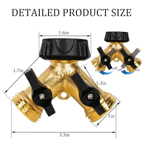 Hourleey Brass Garden Hose Splitter 2 Way, 3/4 Inch Hose Connector Tap Splitter, Hose Y Splitter, Hose Spigot Adapter 2 Valves with Extra Rubber Washers