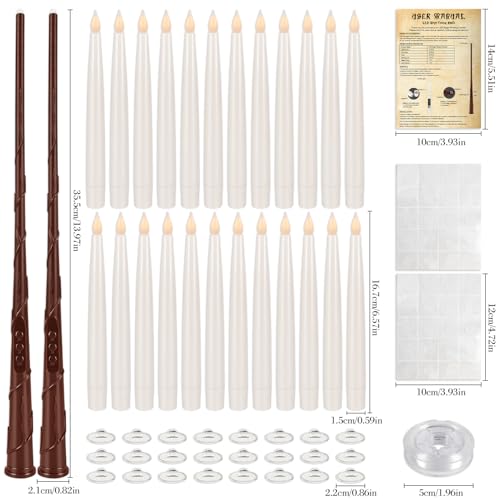 24 Pcs Halloween LED Magic Hanging Floating Candles, Taper Flickering Flameless with 2 Magic Wands - Candle Set for Halloween, Christmas, Weddings