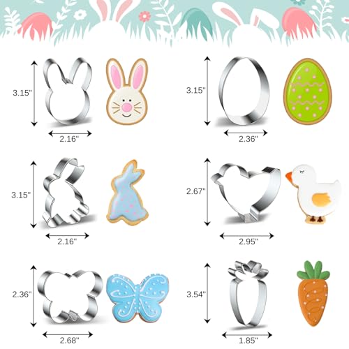 Easter Cookie Cutters Large Set of 6 - Egg, Chick, Carrot, Rabbit, Bunny Face, Butterfly Shapes - Stainless Steel Biscuit Molds for Spring Holiday Baking