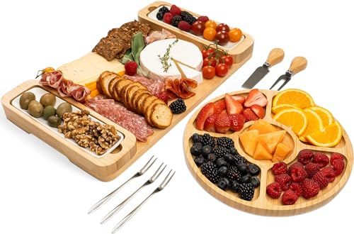 Charcuterie Boards Gift Set - Large Bamboo Cheese Board with Serving Tray, Knives and Bowls for Meat, Cheese and Crackers, for Mom, Housewarming, Wedding, Birthday Gifts for Women