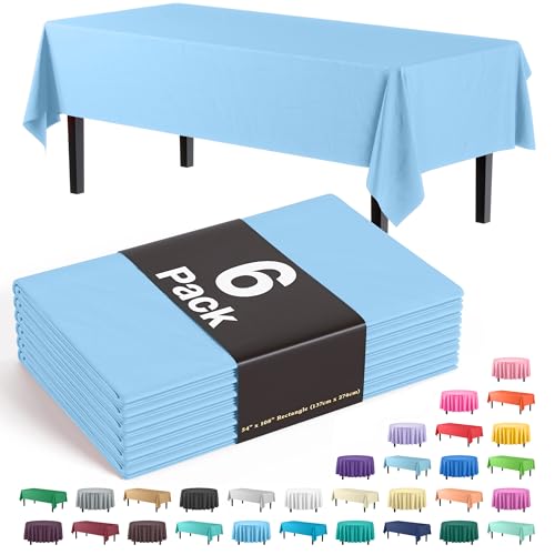 Exquisite Party Solids 6-Pack Premium Plastic Tablecloth 54in. x 108in. Rectangle Plastic Table Cover - Light Blue