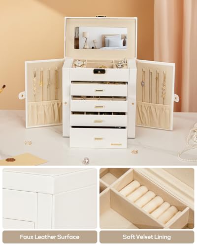 Homde Synthetic Leather Huge Jewelry Box Mirrored Watch Organizer Necklace Ring Earring Storage Lockable Gift Case (White + Gold)