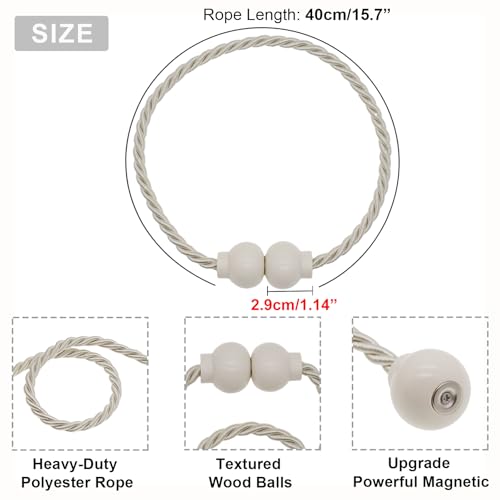 4 Pack Magnetic Curtain Tiebacks Modern Handmade Rope Curtain Tie Backs Decorative Drapes Weave Holdbacks for Home Outdoor Bedroom Office Decorative Curtain, Beige