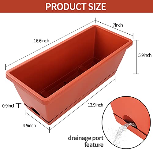 Window Box Planter, 7 Pack Plastic Vegetable Flower Planters Boxes 17 Inches Rectangular Flower Pots with Saucers for Indoor Outdoor Garden, Patio, Home Decor (Red)