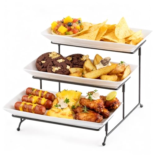 Gomakren 3 Tier Serving Trays Stand Porcelain Serving Platters 12 Inch White Serving Plates Dinner Platters for Appetizer Snack Fruit Cup Cake Tray Display Serving Dishes for Entertaining