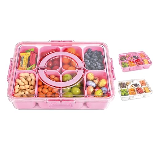Snackle Box Container, 8 Compartment Divided Serving Tray with Lid and Handle, Snack Box Container for Candy, Fruit and Snacks, Great for Gatherings, Outings, Parties and Entertaining（Pink）