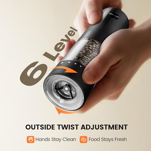 Electric Salt and Pepper Grinder Set - Rechargeable Automatic Salt and Pepper Shakers, Kitchen Appliances with External Adjustable Coarseness, Larger Hopper for Cooking, Home Gifts(2 Pack,Black/Black)