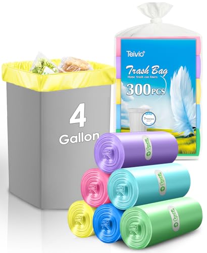 4 Gallon 300pcs Strong Trash Bags Colorful Clear Garbage Bags, Bathroom Trash Can Bin Liners, Small Plastic Bags for home office kitchen, fit 12-15 Liter, 3,3.5,4.5 Gal,Multicolor
