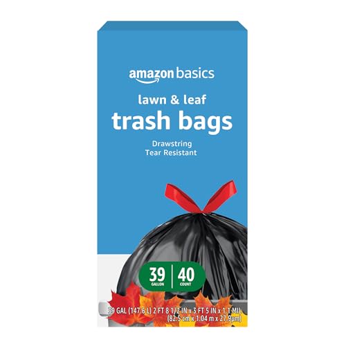 Basics Lawn & Leaf Drawstring Trash Bags, 39 Gallon, 40 Count, Black, Unscented