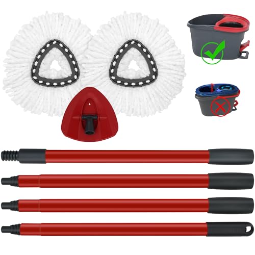 Mop Replace Heads Mop Handle and Base Replacement for O Cedar EasyWring 1-Tank Spin Mop System, 2 Microfiber Mops Refills, 4-Section Iron Mop Handle 30-58Inch and 1 Mopping Heads Cover Set (No Bucket)