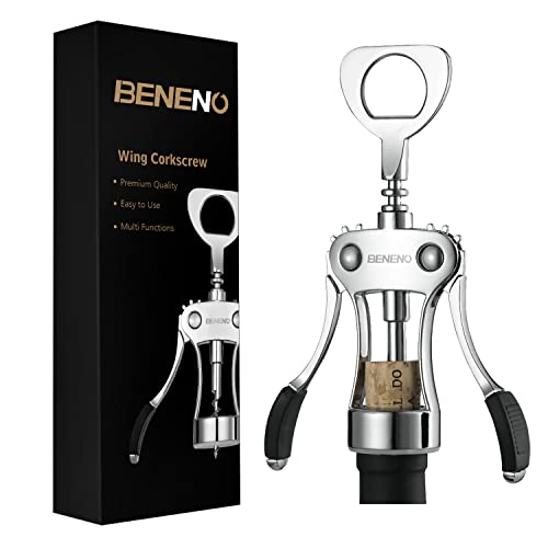 Beneno Wine Opener, Zinc Alloy Premium Wing Corkscrew with Multifunctional Bottles Opener, Sharp Wine Corkscrew with Ergonomic Non-Slip Wing Handle, Silver