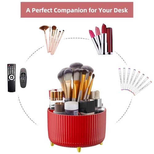 Marbrasse Desk Organizer, 360-Degree Rotating Pen Holder for Desk, Desk Organizers and Accessories with 5 Compartments Pencil Organizer, Art Supply Storage Box Caddy for Office, Home (Red)
