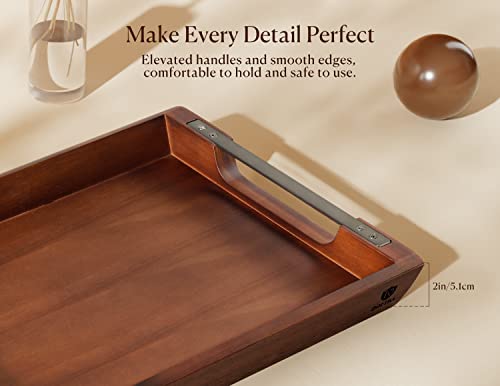 Acacia Wood Serving Tray with Metal Handles, 17x13in Food Drinks Tray for Coffee Table, Breakfast, Dinner & Bar, Rustic Decorative Storage Tray for Ottoman, Kitchen, Elegent Gift for Mom