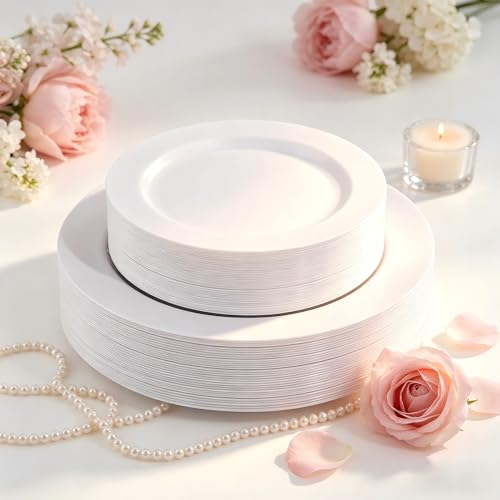 FLOWERCAT 60PCS White Plastic Plates - Heavy Duty White Disposable Plates for Mother's Day/Birthday Party/Wedding -serve for 30 guests Include 30PCS 10.25" & 30PCS 7.5" Plates for Party