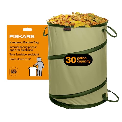 Fiskars Kangaroo Collapsible Spring Up Garden Bag for Yard Waste, Grass, Branches & Weeds, Tear & Mildew Resistant Vinyl-Coated Polyester, Folds Flat to 3 Inches for Space-Saving Storage, 30 Gallon