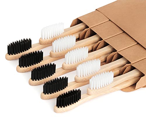 NUDUKO Bamboo Toothbrushes Biodegradable Toothbrush 10 Pack - Eco-Friendly, Natural Wooden Tooth Brush, BPA Free Travel Size Organic Soft Bristle Toothbrush, Soft Toothbrushes for Adults