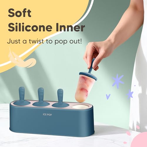 Popsicle Mold Set 4 Pieces Homemade Silicone Popsicle Maker Easy Release Ice Cream Molds Reusable DIY Pop Molds (Blue, IcyClassic Pops)