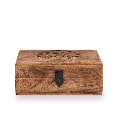 Samhita Handmade Mango Wood Tree of Life Engraving Beautifully Keepsake Box Jewellery Organiser Unique Gift Ideas for Men & Women (Flame Work Finish)