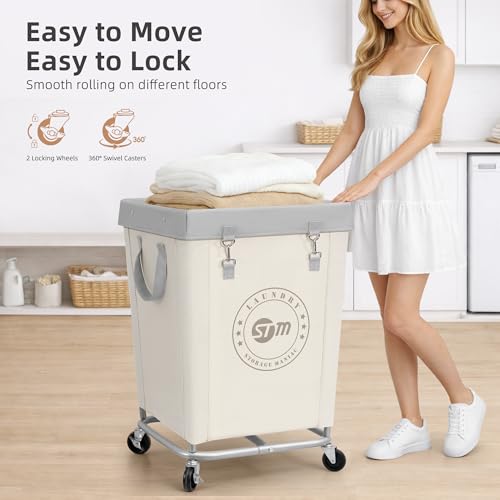 STORAGE MANIAC Commercial Laundry Hamper with Heavy Duty Steel Frame, 160 L Industrial Laundry Basket Cart with Wheels for Hotel, Home, Laundry Room, 18''L x 18''W x 31''H, Medium Beige